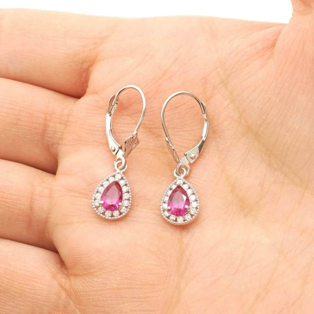 14K White Gold SimulatedBirthstone Halo Teardrop  Leverback Earrings