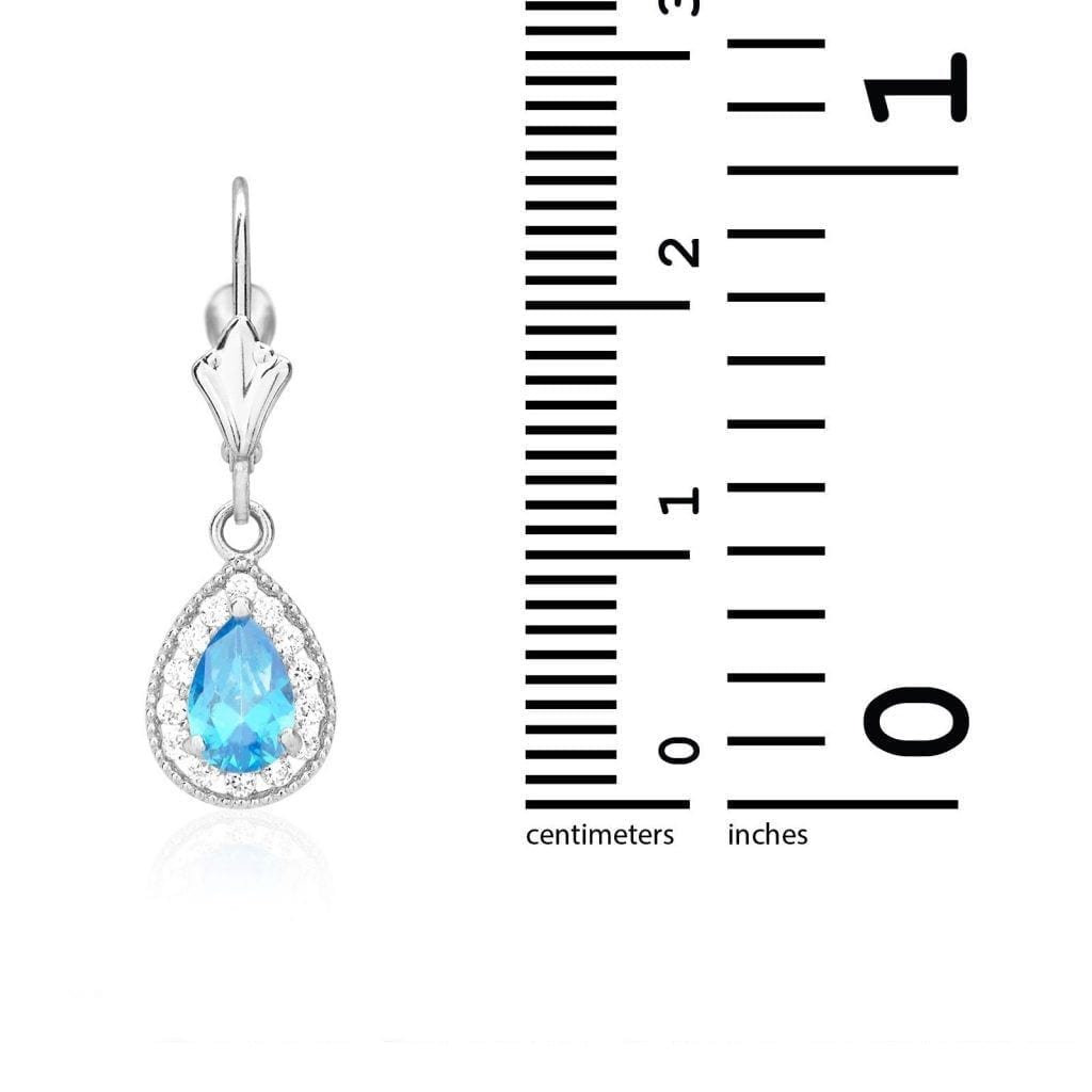 14K White Gold SimulatedBirthstone Halo Teardrop  Leverback Earrings