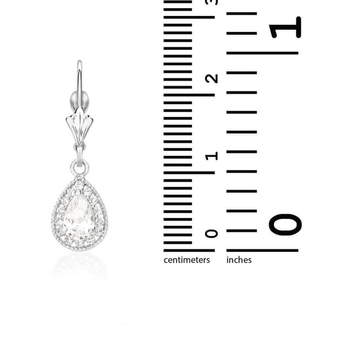 14K White Gold SimulatedBirthstone Halo Teardrop Leverback Earrings
