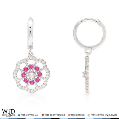 1CTW CZ Ruby 14K Yellow Gold Flower Huggie Hoop Dangle Earrings