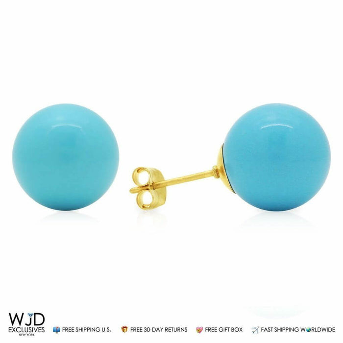 14K Yellow Gold Created Turquoise 10MM Ball Stud Earrings