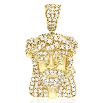 2.50Ct CZ Jesus Head 10k Yellow Gold Religious Pendant 1.4"