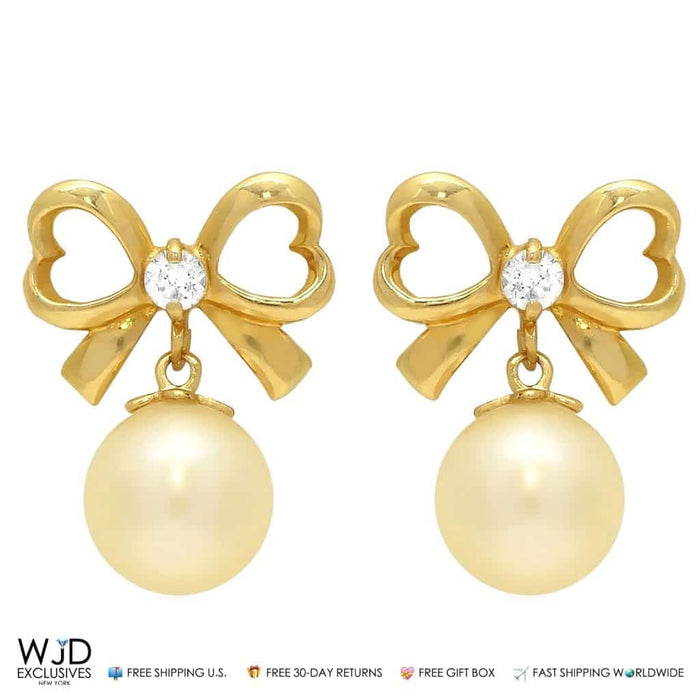 14K Yellow Gold 0.10Ct CZ Bow Tie Pearl Dangle Earrings 0.6"