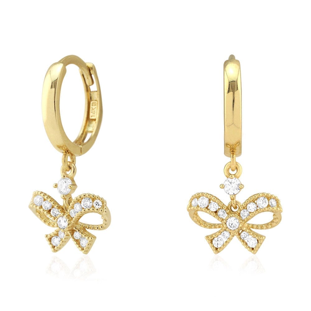 14k Yellow Gold CZ Bow Shaped  Drop Huggie Hoop Earrings