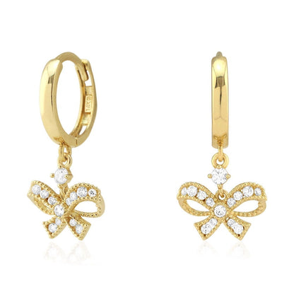 14k Yellow Gold CZ Bow Shaped  Drop Huggie Hoop Earrings