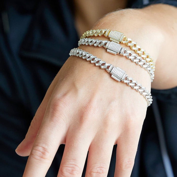 18K Yellow Gold Over Silver 7mm Miami Cuban Baguette CZ Bracelet (Solid Links)