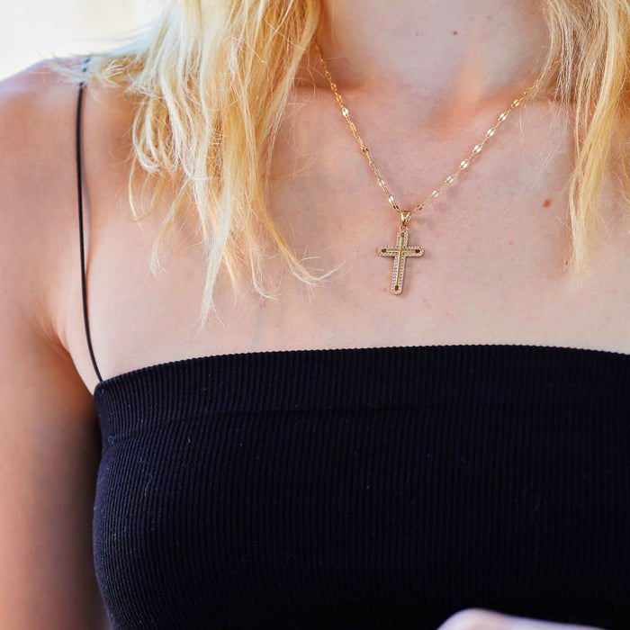 14K Yellow Gold CZ Halo Cross Pendant 1.38"