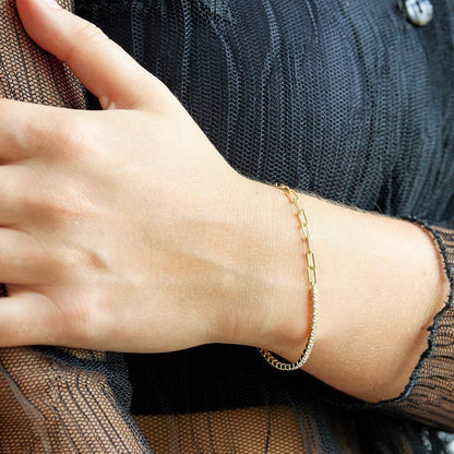 18K Gold Over Silver CZ Paperclip Tennis Bracelet 6.5-7.5" Adjus.