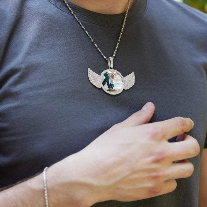 White Gold Over Silver CZ Angel Wing Picture Frame Memory Pendant - WJD Exclusives