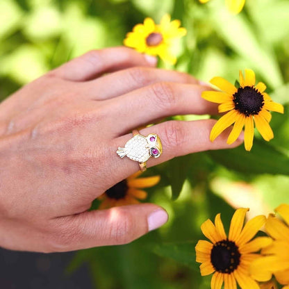 14K Gold Yellow CZ Pave Ruby Eyes Owl Ring