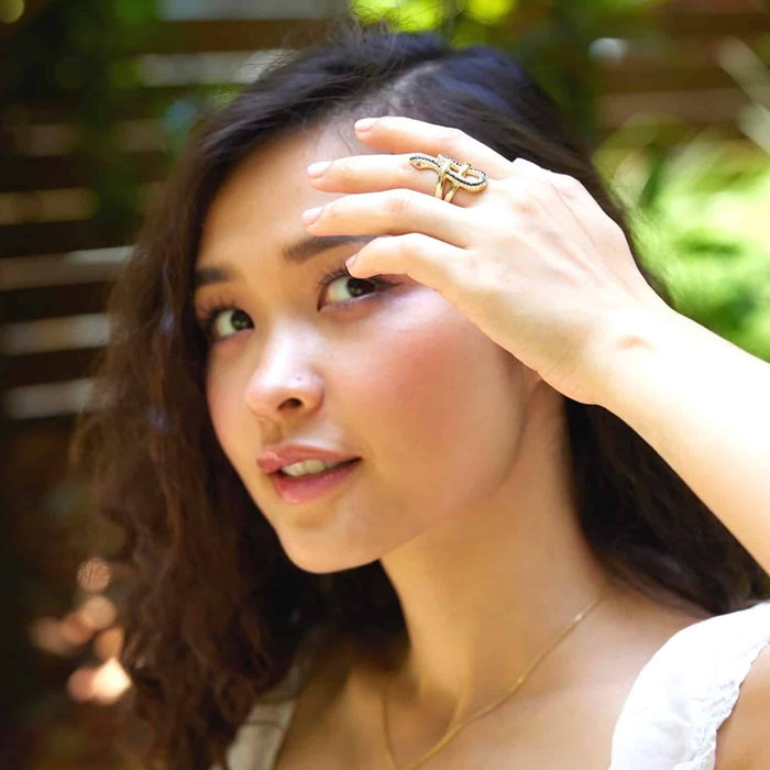 14K Yellow Gold CZ Pave Black Stripe Red Eyes Snake Ring - WJD Exclusives