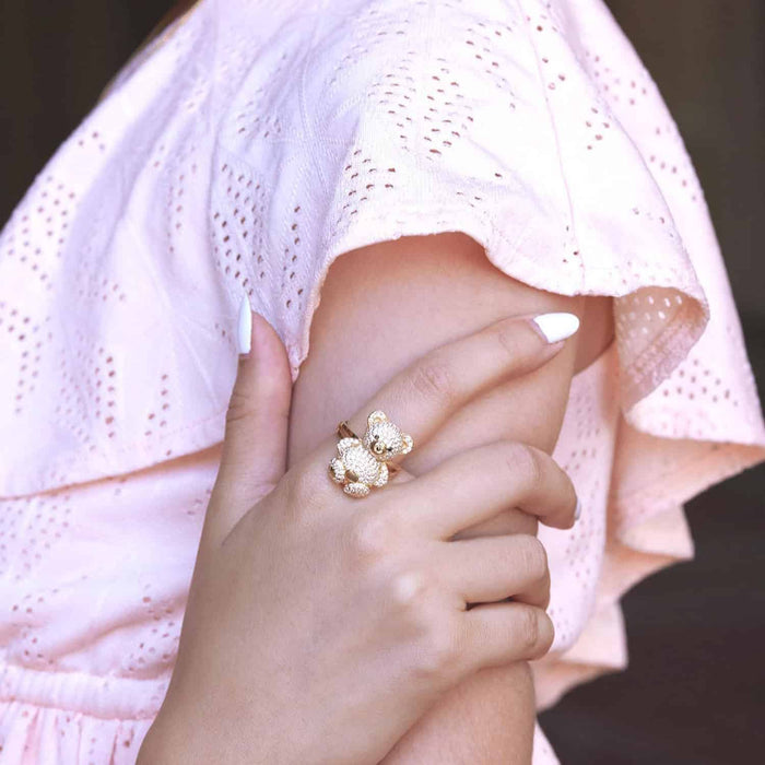 14K Gold Yellow CZ Pave Puffed Teddy Bear Ring - WJD Exclusives