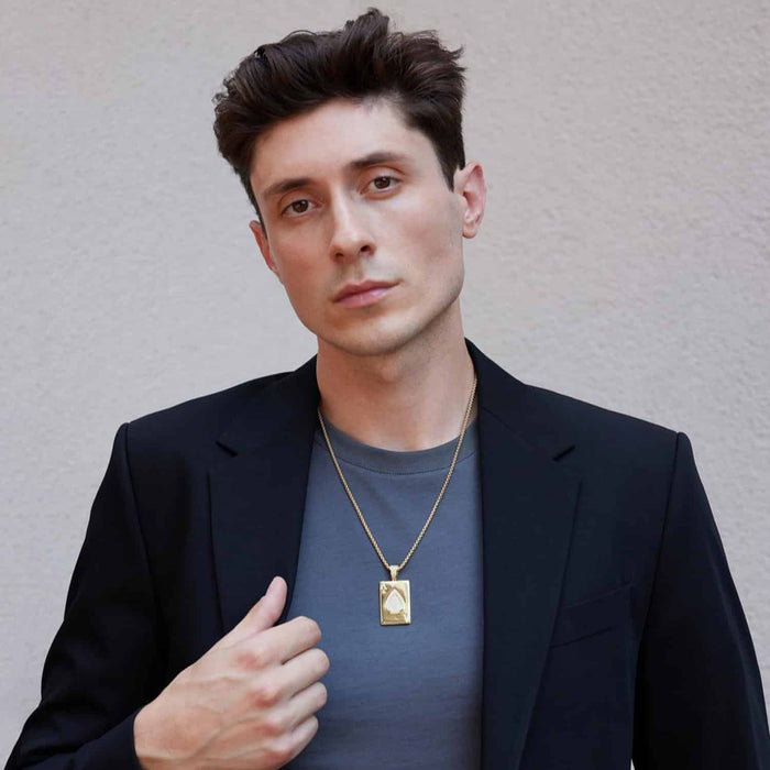 Gold Over Sterling Silver CZ Ace Of Spade Poker Card Pendant 1.7" - WJD Exclusives