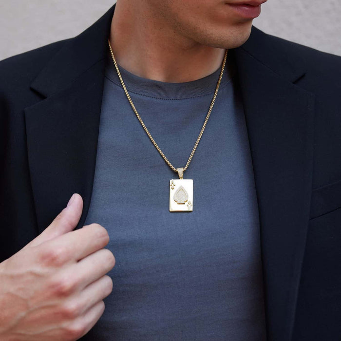 Gold Over Sterling Silver CZ Ace Of Spade Poker Card Pendant 1.7" - WJD Exclusives