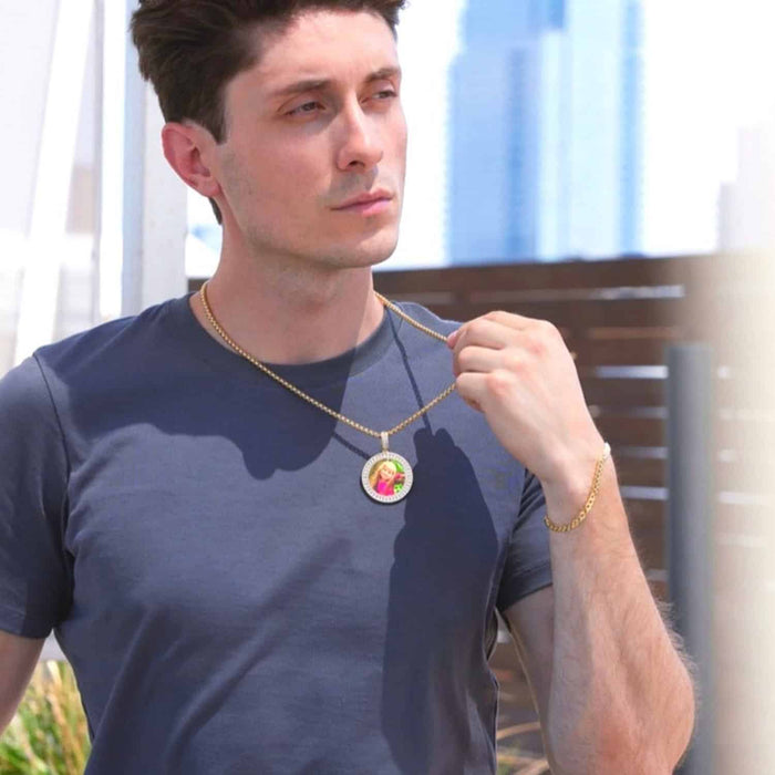 18K Gold Over Silver CZ Frame Round Picture Memory Medallion Pendant 2.1" - WJD Exclusives