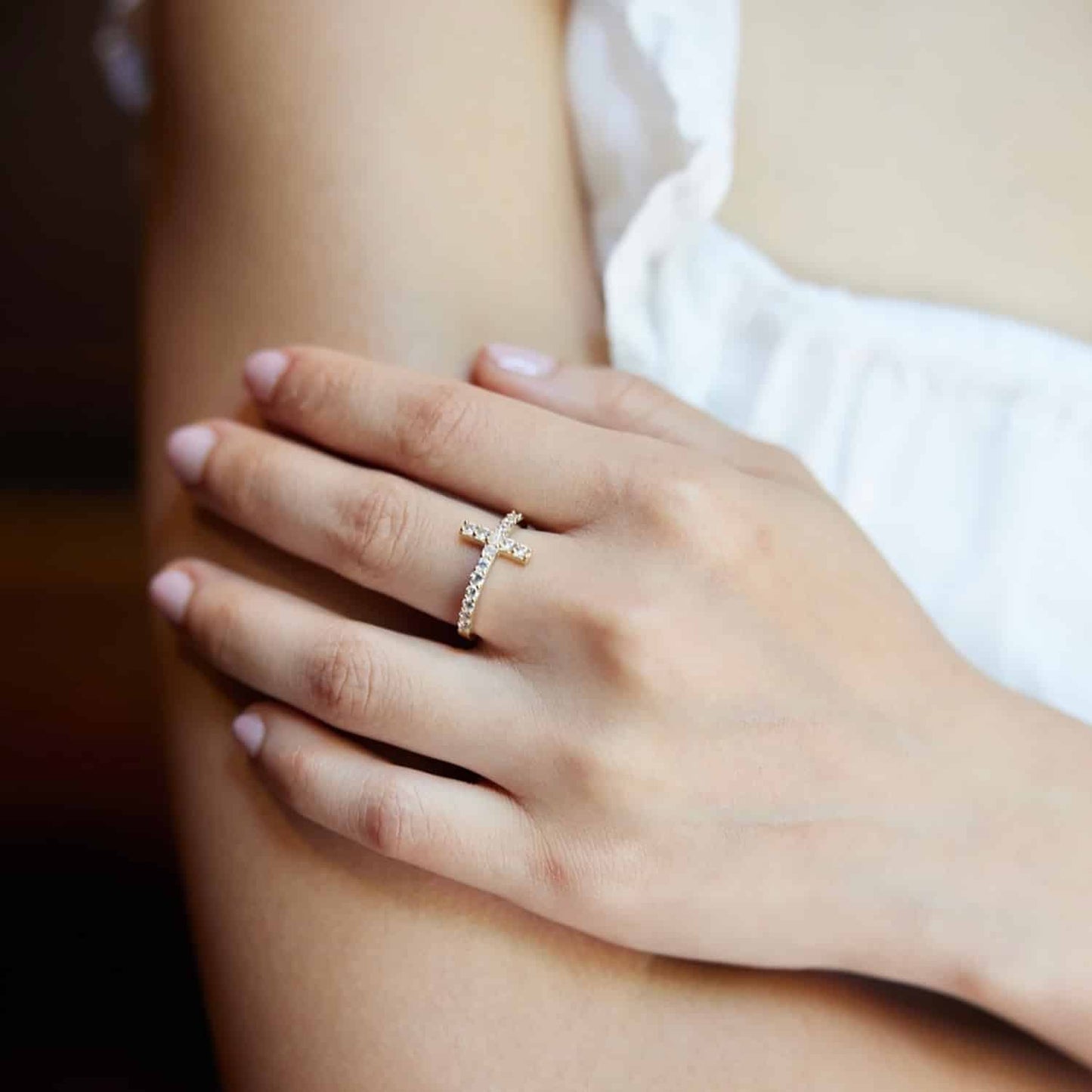 14K Gold Yellow CZ Sideways Cross Ring