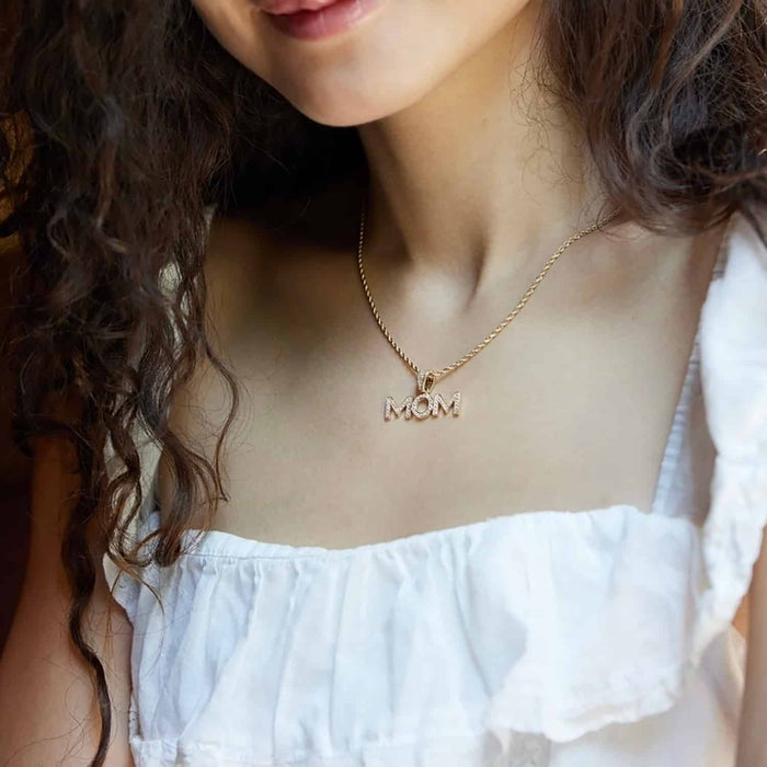 14K Yellow Gold CZ MOM Mother's Pendant 0.7" - WJD Exclusives