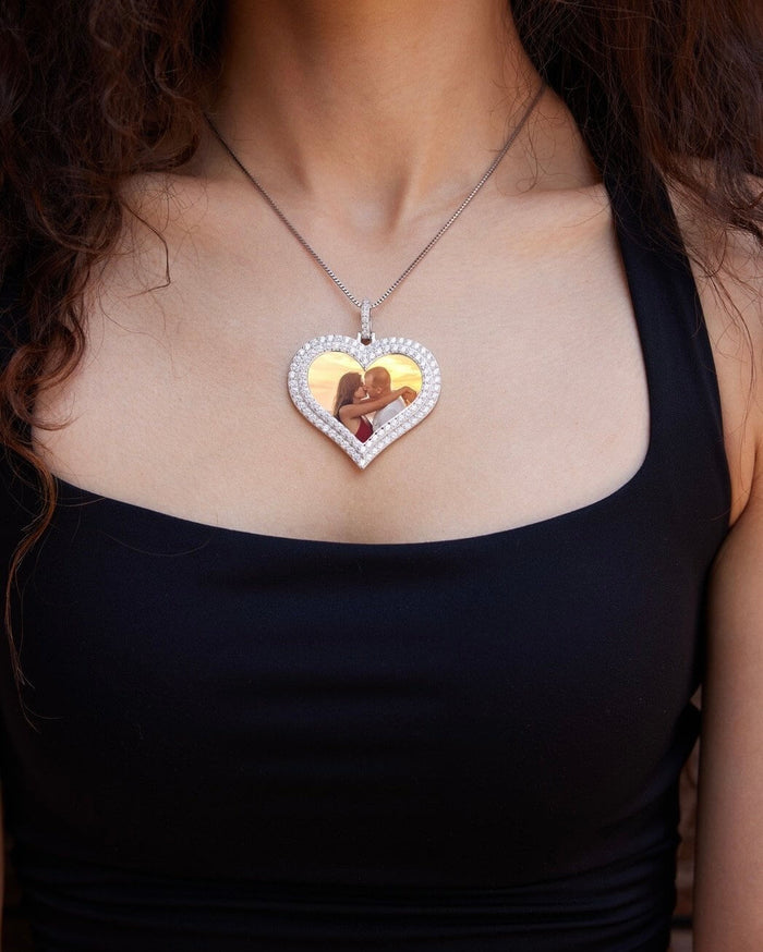 14K White Gold Over Silver Picture Memory Frame Heart Medallion Pendant 1.8 - 2.2" - WJD Exclusives