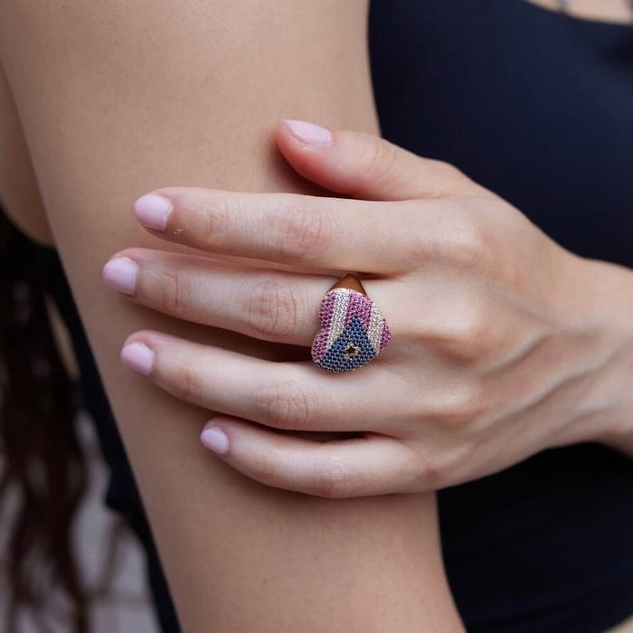 14K Yellow Gold CZ Gemstone Heart Puerto Rico Flag Ring - WJD Exclusives