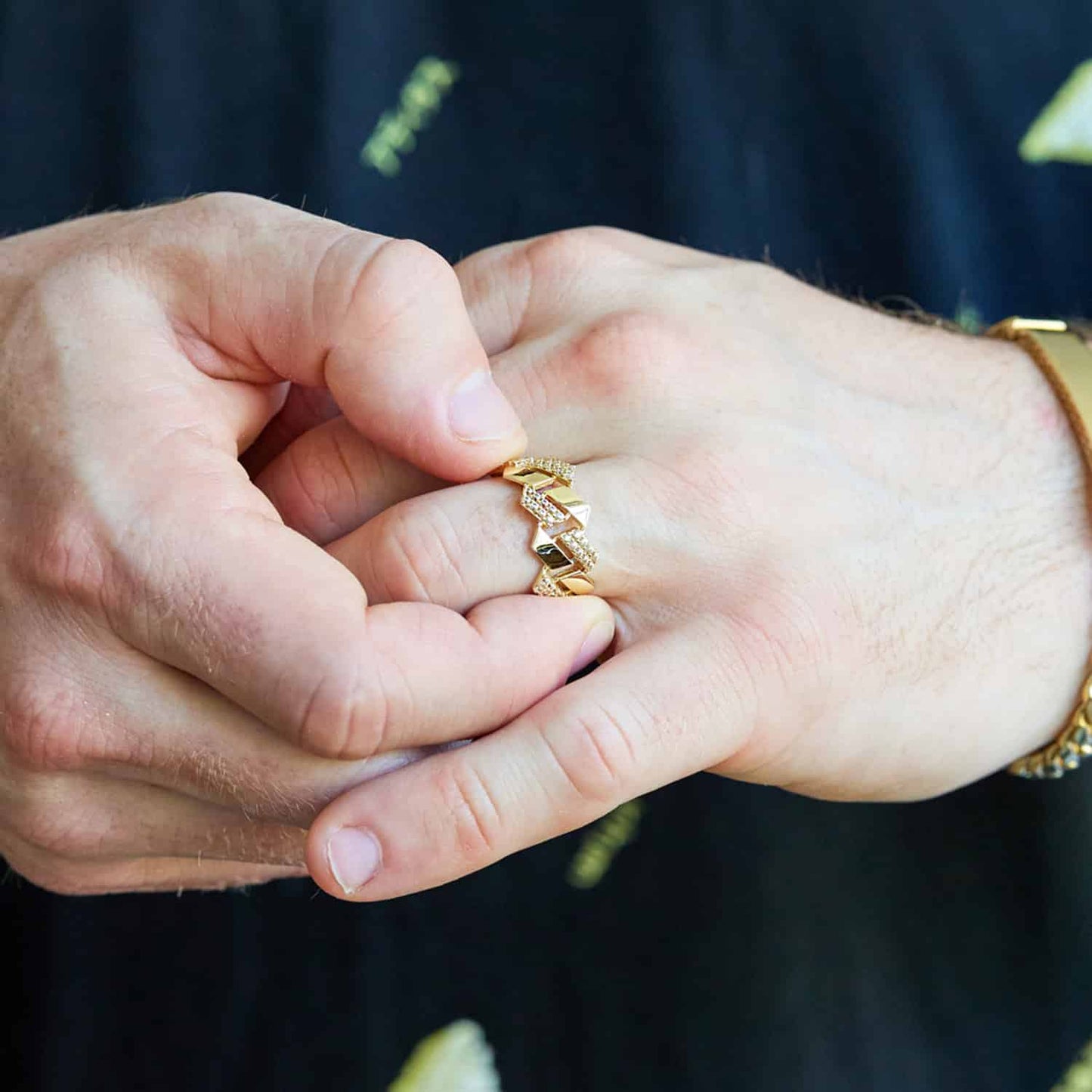 14K Real Gold Yellow CZ Pave Edge Cuban Ring