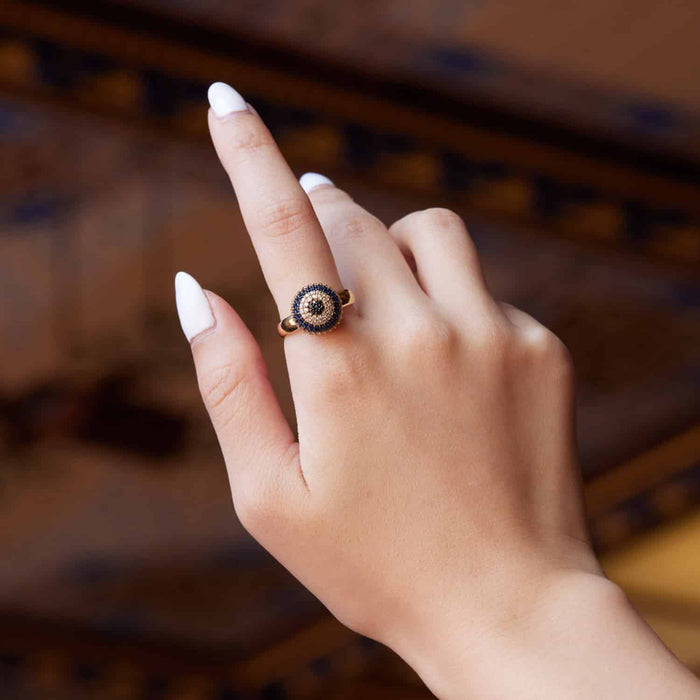 14K Yellow Gold CZ With Sapphire Evil Eye Cocktail Ring - WJD Exclusives