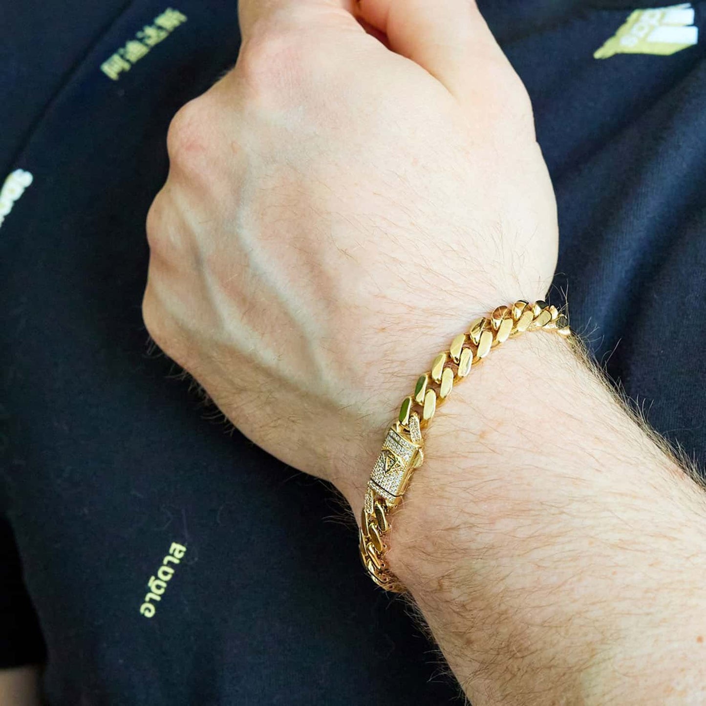 14K Gold Yellow 7mm Miami CZ Pave Clasp ID Bar Bracelet 7.25"
