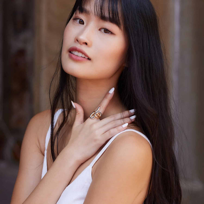 14K Yellow Gold CZ Pave Black Stripe Red Eyes Snake Ring - WJD Exclusives