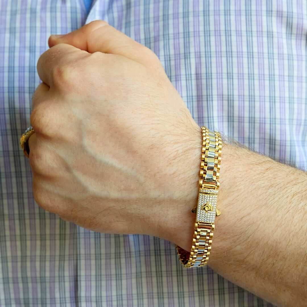 Solid 10K Gold Two-Tone 11mm CZ Pave Clasp Jubilee Bracelet 8.25"