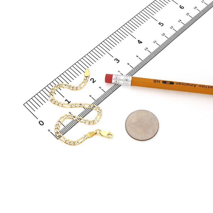 14K Gold Over Silver 3.5mm Diamond-Cut Pave Figaro Bracelet (Solid Links) 7"-9"