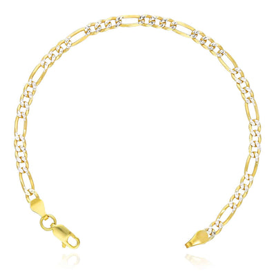 14K Gold Over Silver 3.5mm Diamond-Cut Pave Figaro Bracelet (Solid Links) 7"-9"