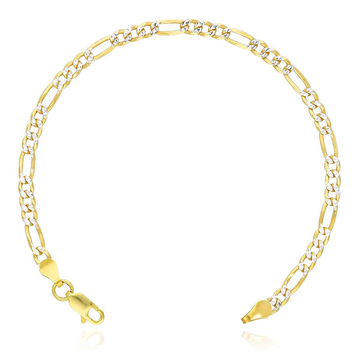 14K Gold Over Silver 3.5mm Diamond-Cut Pave Figaro Bracelet (Solid Links) 7"-9"