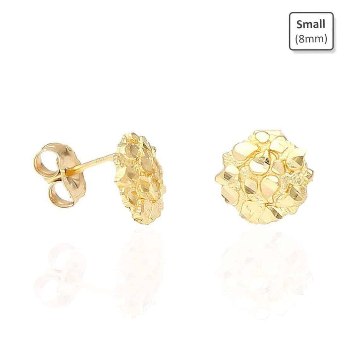 10K Gold Round Nugget Push Back Stud Earrings 8mm, 10mm, 15mm
