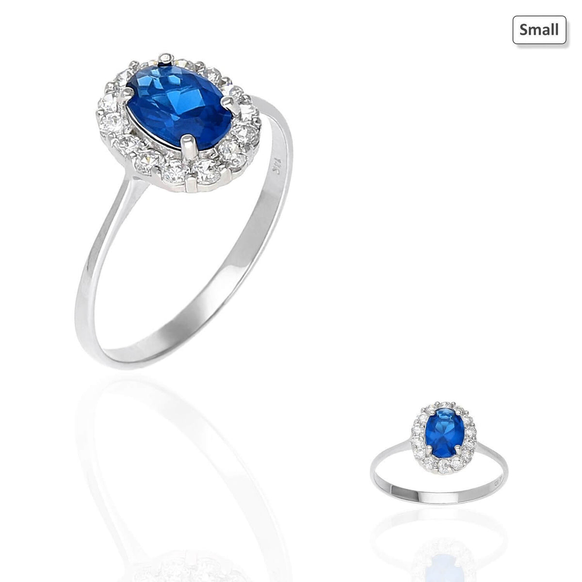14k Gold White Oval Blue Round CZ Engagement Halo Ring
