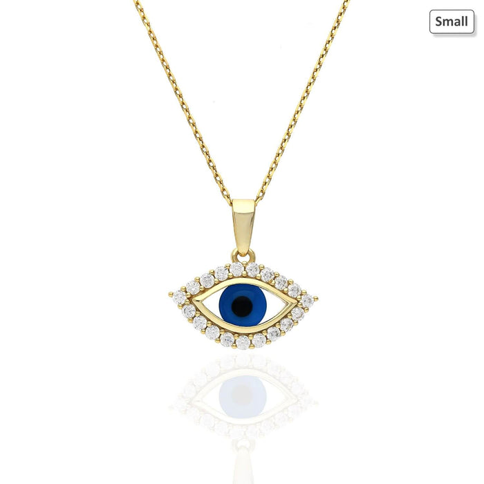 Yellow gold evil eye pendant necklace with blue center and white gemstone accents on a delicate chain.
