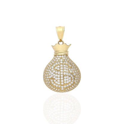 10K Yellow Gold CZ Pave Out Cash Money Bag Pendant