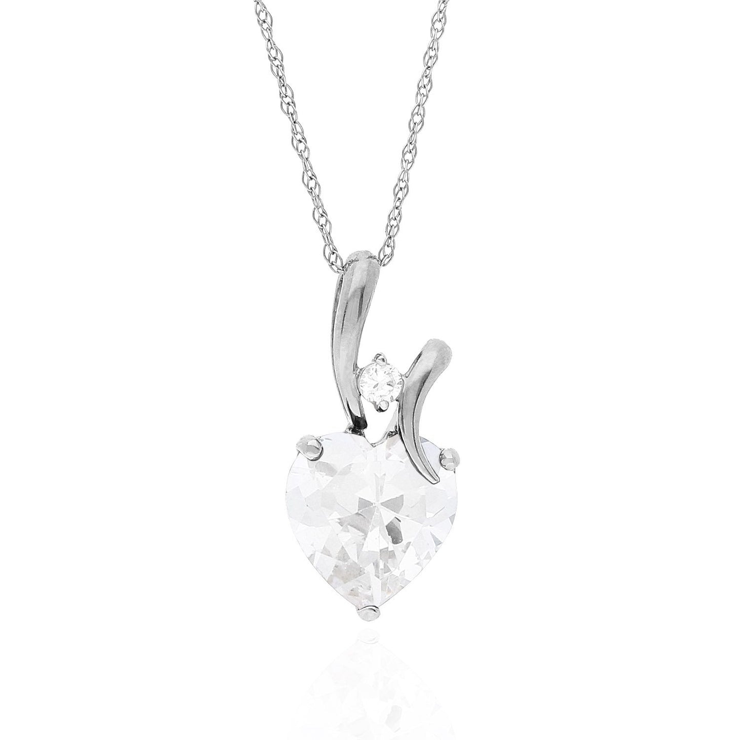 14K White Gold Cubic Zirconia And Heart Shape Birthstone Pendant w/ 18" Chain