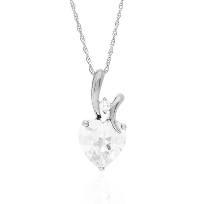 14K White Gold Cubic Zirconia And Heart Shape Birthstone Pendant w/ 18" Chain