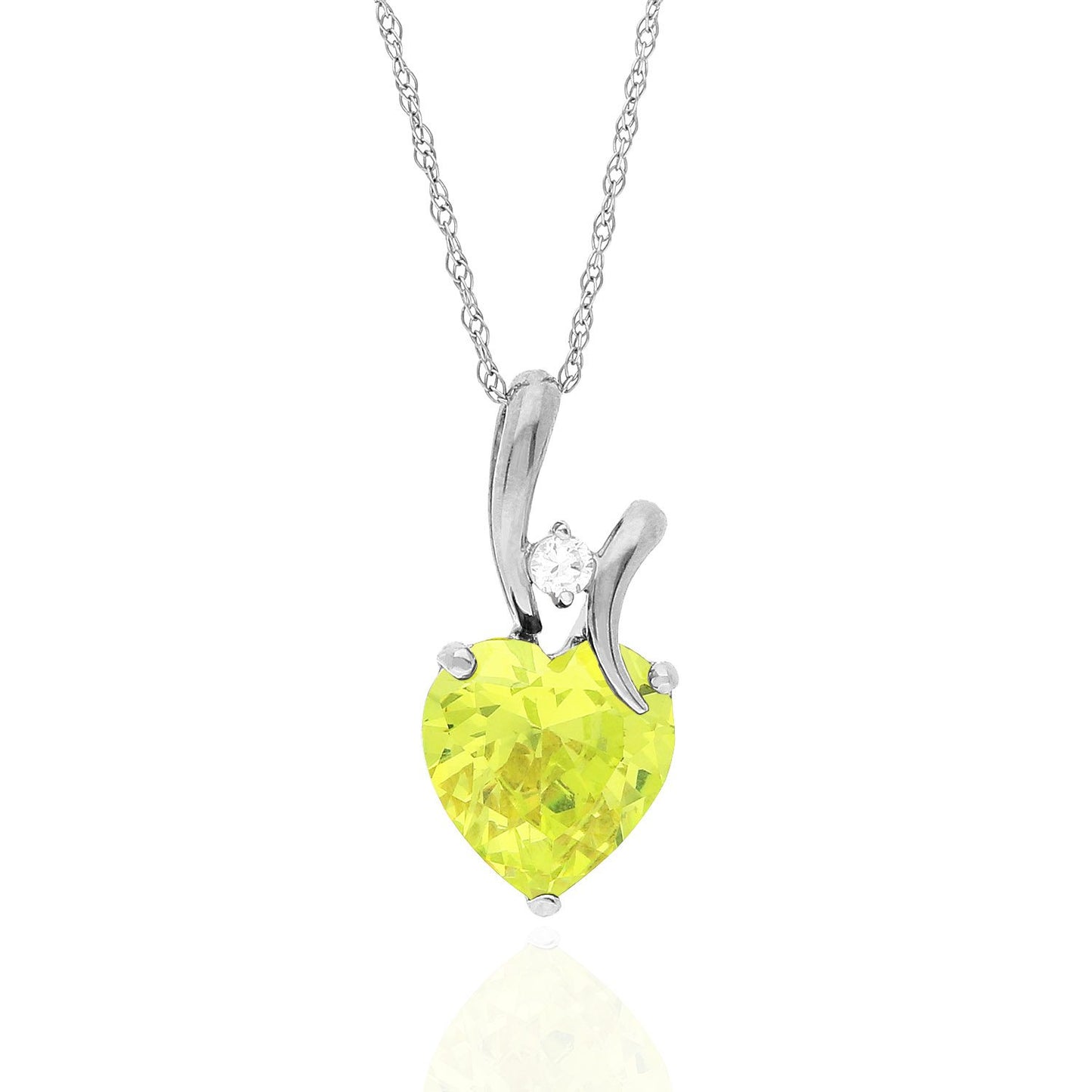 14K White Gold Cubic Zirconia And Heart Shape Birthstone Pendant w/ 18" Chain