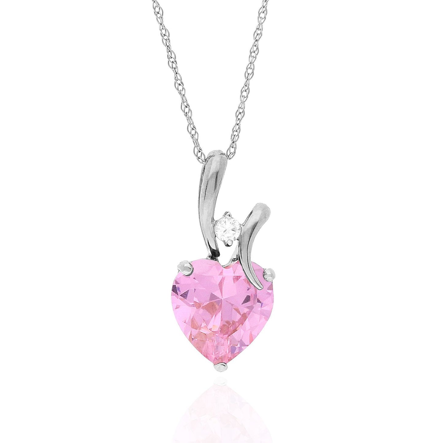 14K White Gold Cubic Zirconia And Heart Shape Birthstone Pendant w/ 18" Chain