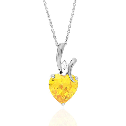 14K White Gold Cubic Zirconia And Heart Shape Birthstone Pendant w/ 18" Chain