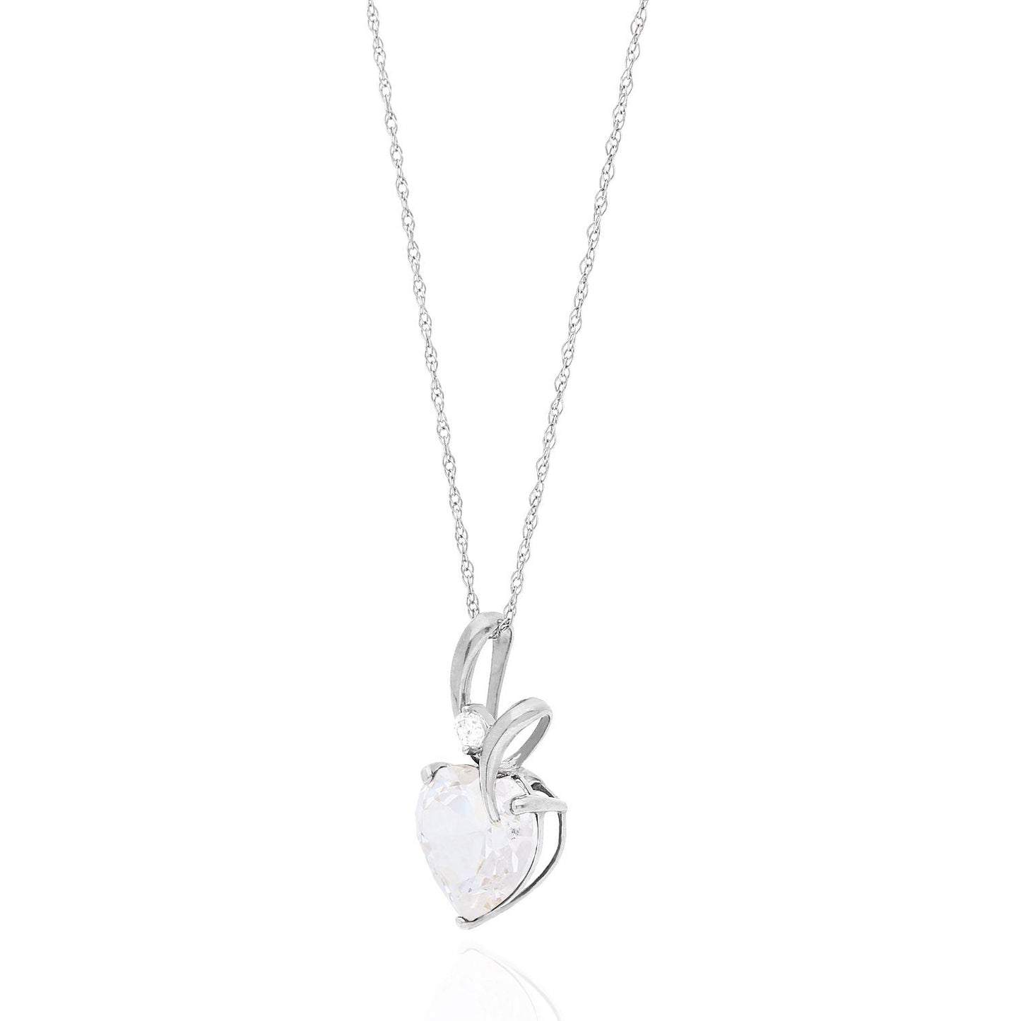 14K White Gold Cubic Zirconia And Heart Shape Birthstone Pendant w/ 18" Chain