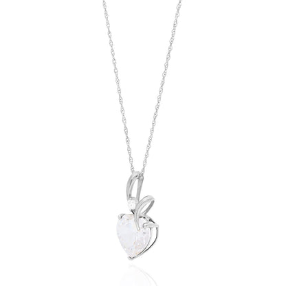 14K White Gold Cubic Zirconia And Heart Shape Birthstone Pendant w/ 18" Chain