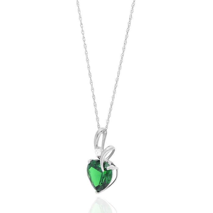 14K White Gold CZ And Heart Shape Birthstone Pendant w/ 18" Chain