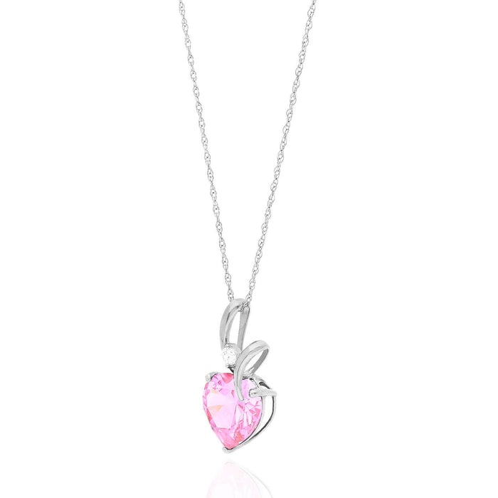 14K White Gold CZ And Heart Shape Birthstone Pendant w/ 18" Chain