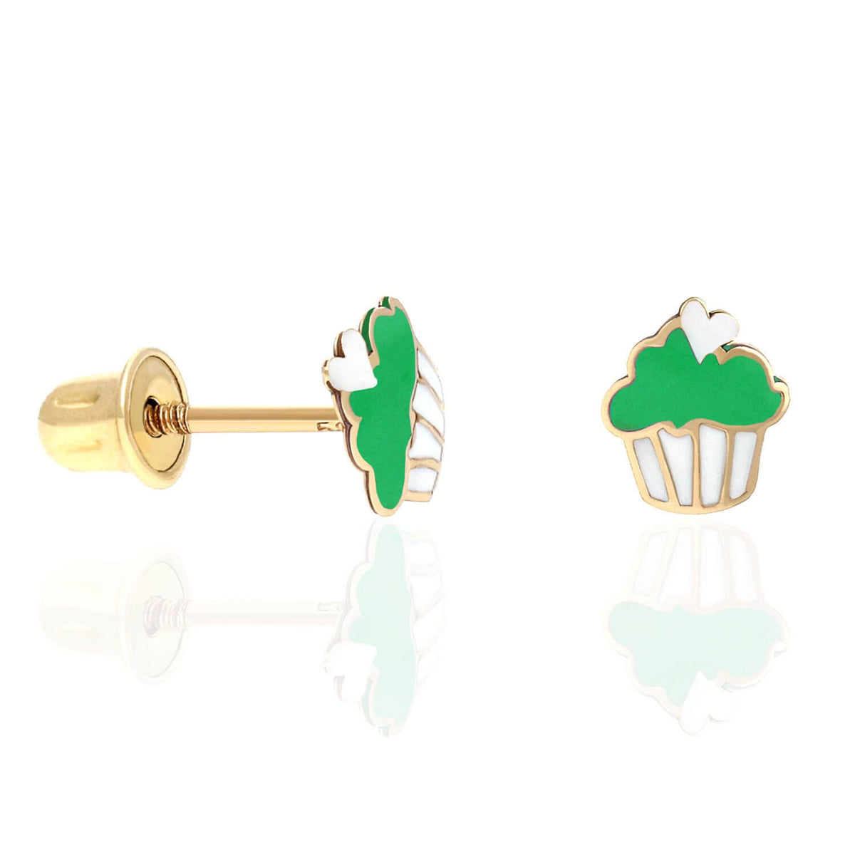 Kids 14K Yellow Gold Enameled Small Cupcake Screw Back Stud Earrings