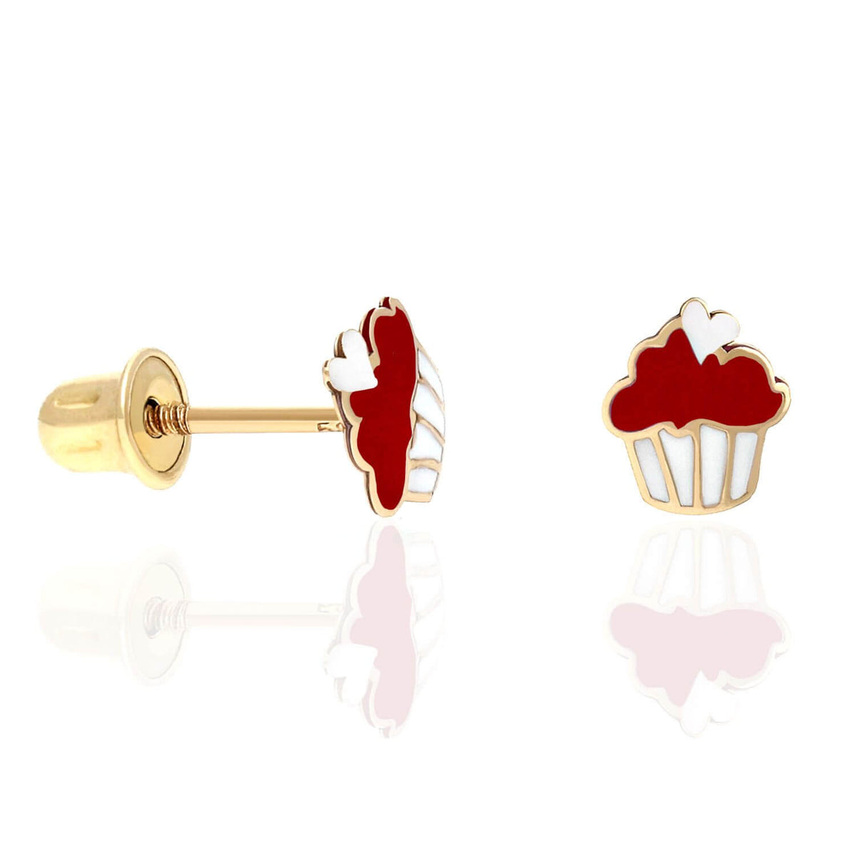 Kids 14K Yellow Gold Enameled Small Cupcake Screw Back Stud Earrings
