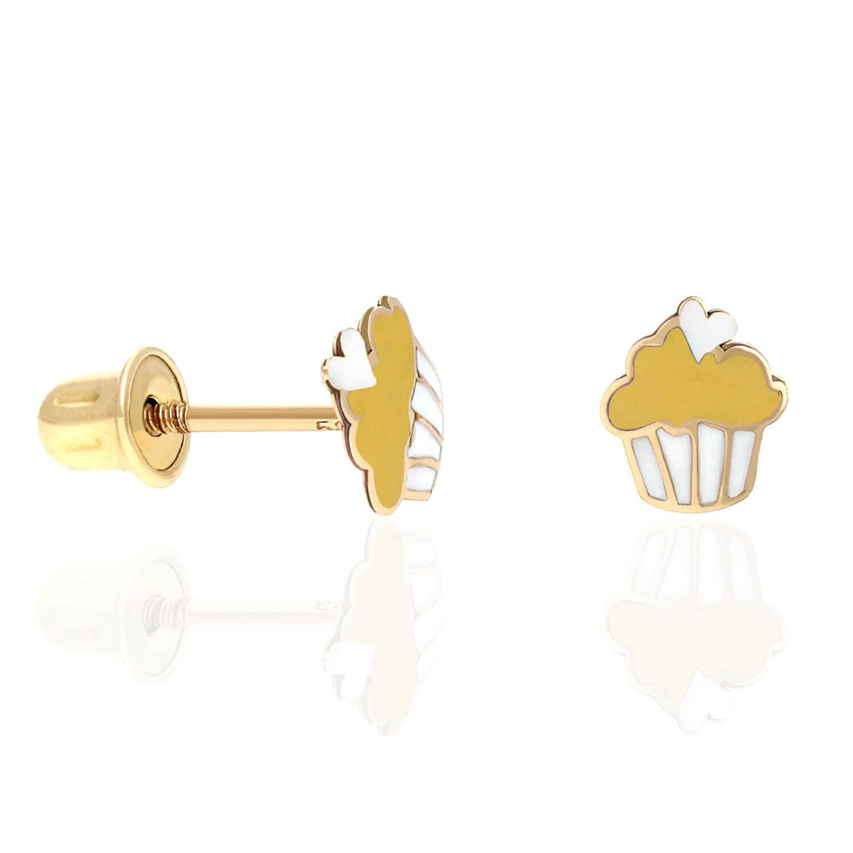 Kids 14K Yellow Gold Enameled Small Cupcake Screw Back Stud Earrings