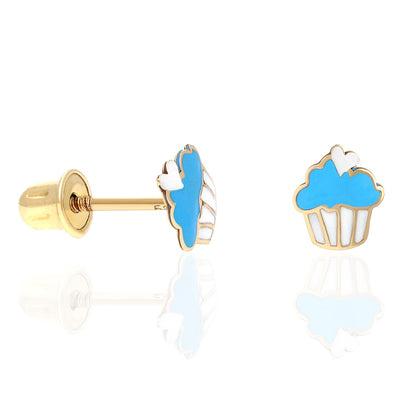 Kid's 14K Solid Yellow Gold Enameled Small Cupcake Screw Back Stud Earrings