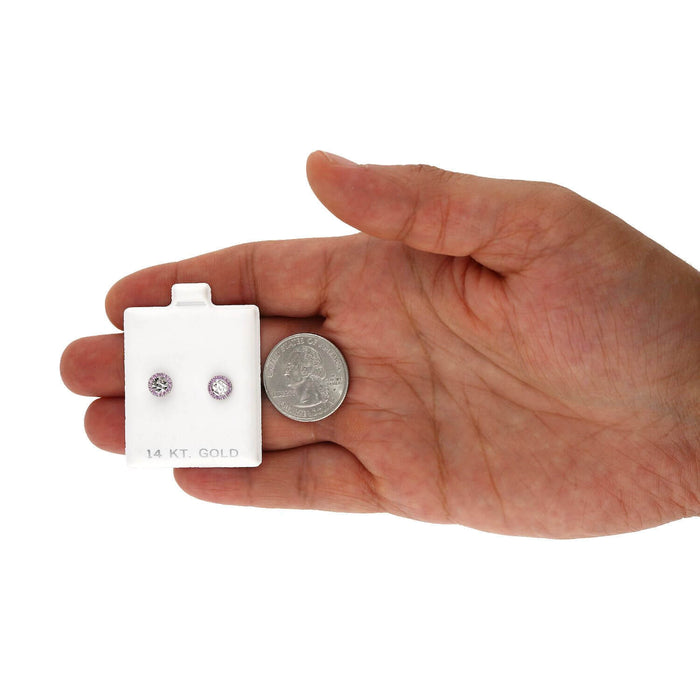 14K White Gold Diamond-Cut Gemstone Round Halo 7mm Screw Back Stud Earrings