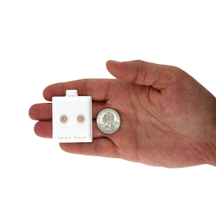 14K Yellow Gold Color Gemstone Round Halo Fancy Birthstone Screw Stud Earrings